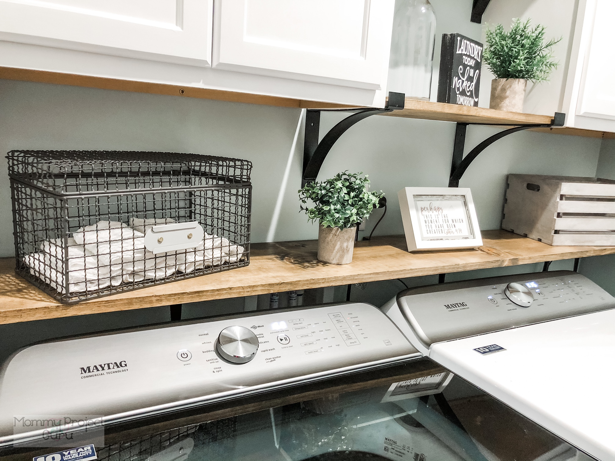 Easy DIY laundry shelf over washer and dryer